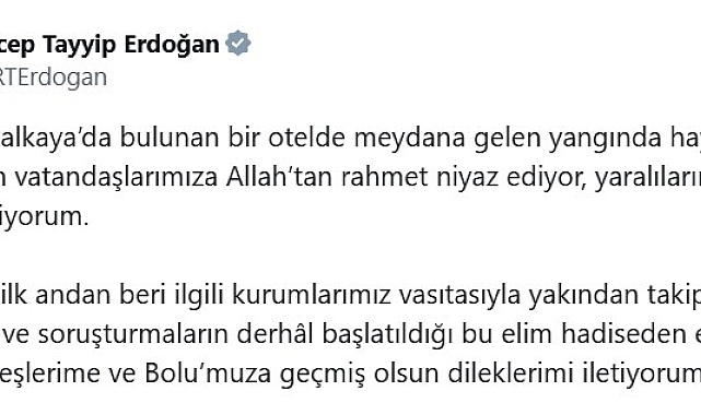 Cumhurbaşkanı Erdoğan'dan hayatını kaybedenler için taziye mesajı