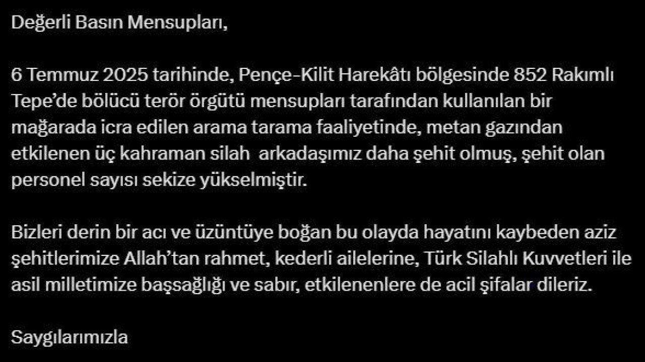 Metan gazından etkilenen 3 asker daha şehit oldu