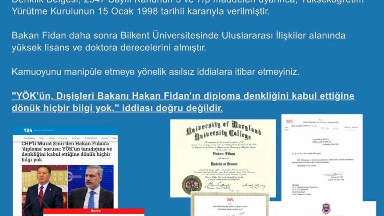 Dezenformasyonla Mücadele Merkezi: "Dışişleri Bakanı Fidan, Yönetim ve Siyaset Bilimi alanında lisans eğitimini tamamlamıştır"