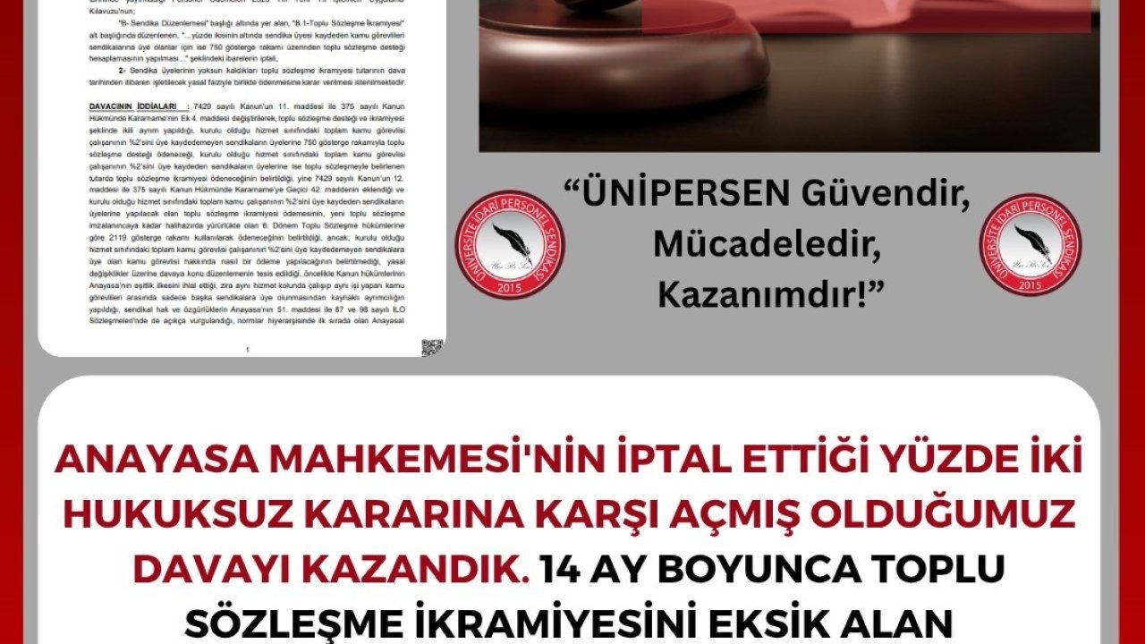 ÜNİPERSEN açtığı davayı kazandı, toplu sözleşme ikramiyesini eksik alan kamu görevlilerine ödeme yapılacak