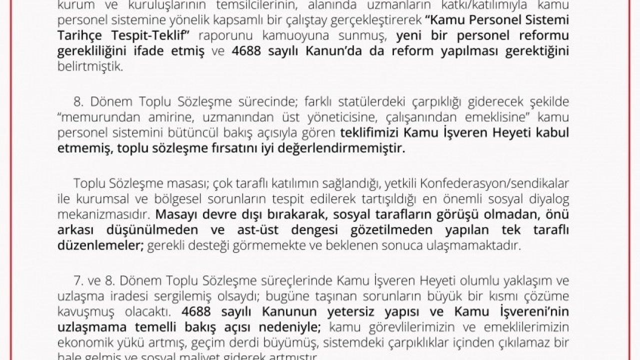 Memur-Sen Başkanlar Kurulu: "Türkiye Yüzyılı’na yakışır, 4688 sayılı Kanunu’nda ivedi reform yapılması çağrısında bulunuyoruz"