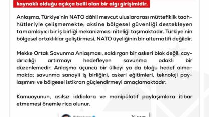 DMM: "Mekke Ortak Savunma Anlaşması’nın NATO’nun 5. maddesiyle çeliştiği iddiaları tamamen gerçek dışı"