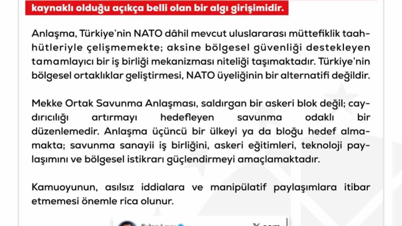 DMM: "Mekke Ortak Savunma Anlaşması’nın NATO’nun 5. maddesiyle çeliştiği iddiaları tamamen gerçek dışı"