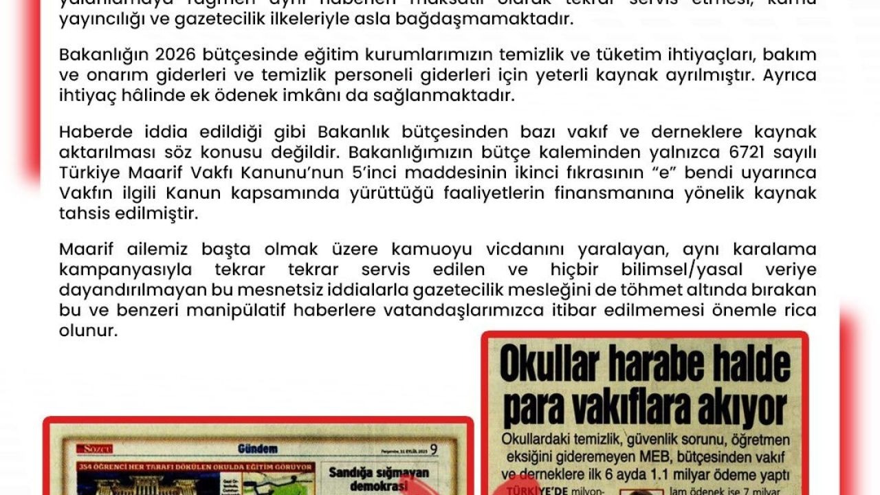 "’MEB, bütçesinden vakıf ve derneklere ilk 6 ayda 1,1 milyar ödeme yaptı’ iddiası gerçeği yansıtmamaktadır"