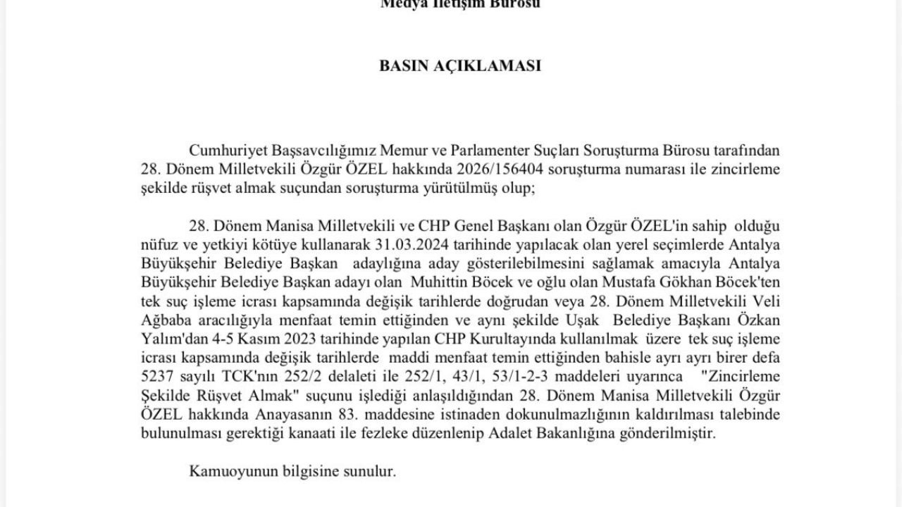 Özgür Özel’in dokunulmazlığının kaldırılması için hazırlanan fezleke Adalet Bakanlığına gönderildi