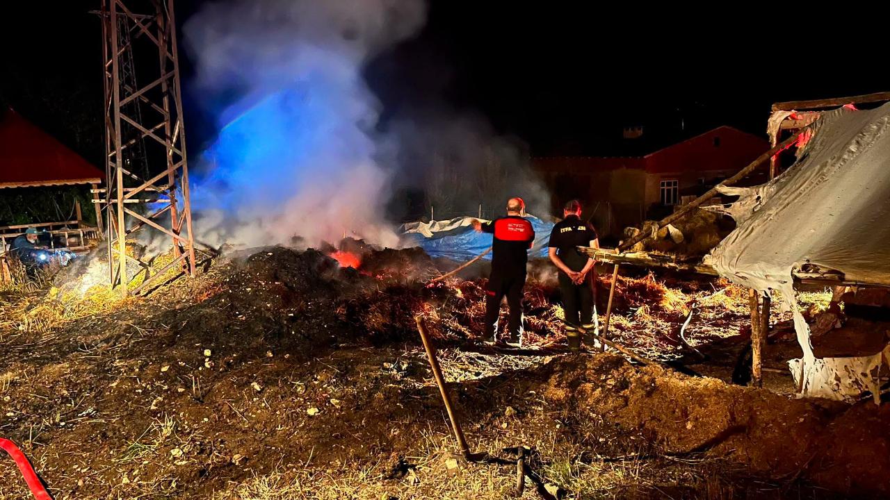 Gece saatlerinde korkutan yangın: Trafonun patlamasıyla ot yığınları kül oldu
