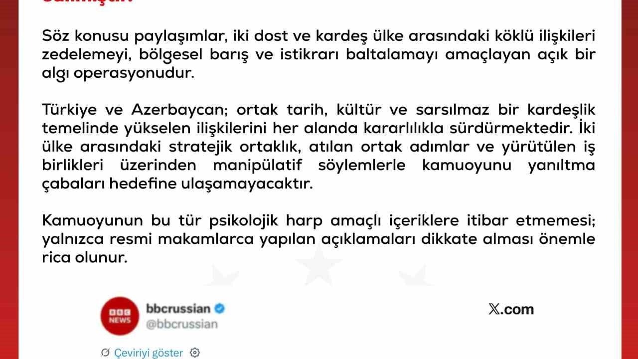 Dezenformasyonla Mücadele Merkezi: "Türkiye ve Azerbaycan, kardeşlik temelinde yükselen ilişkilerini kararlılıkla sürdürmektedir"